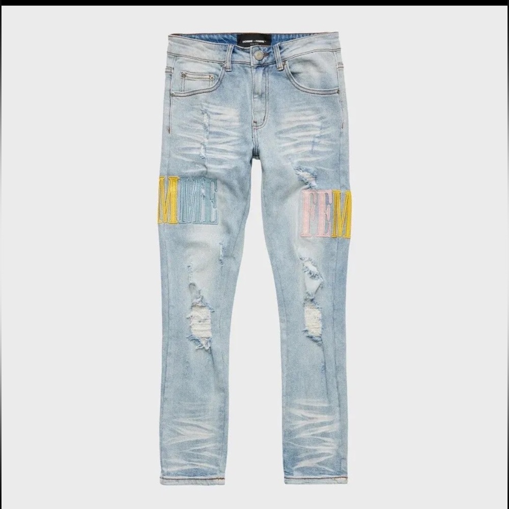 Homme + Femme Jeans Letterman Stretch Distressed Torn Denim Streetwear NEW Slim